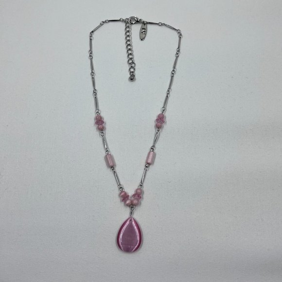 NY Silver Toned 14” Necklace with Pink Tigers Eye Pendant and Beading - Picture 5 of 6